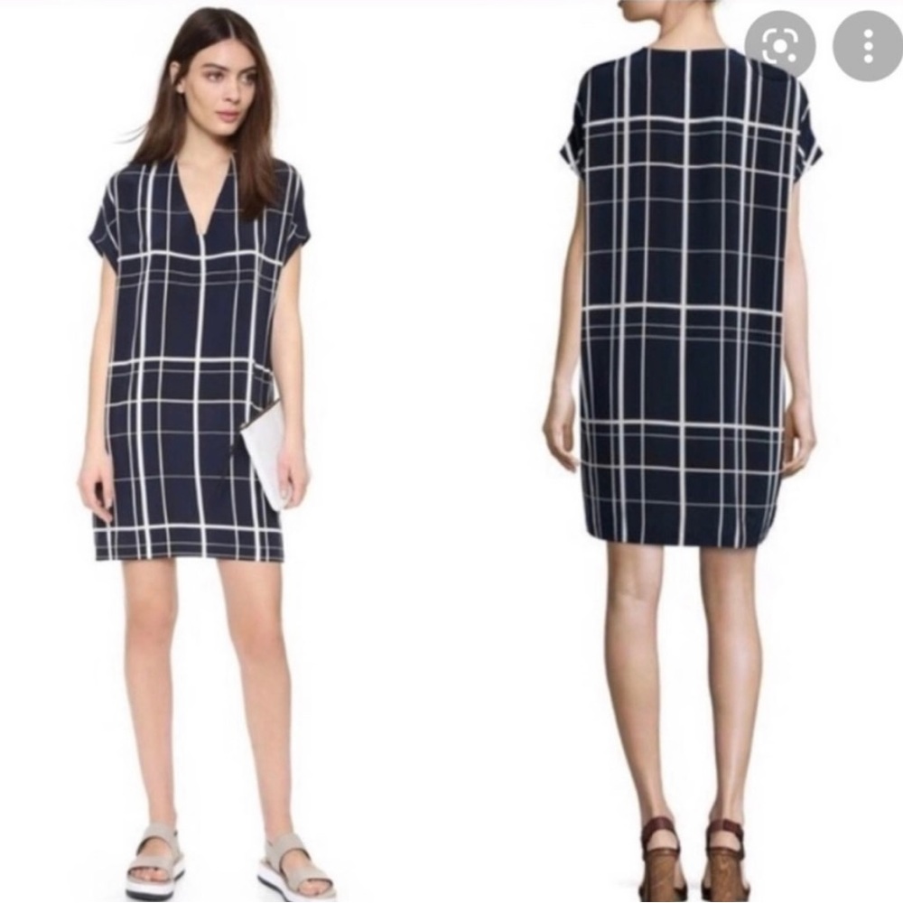 Vince Lattice Print Silk Popover Dress Size Small Navy Blue Oversized